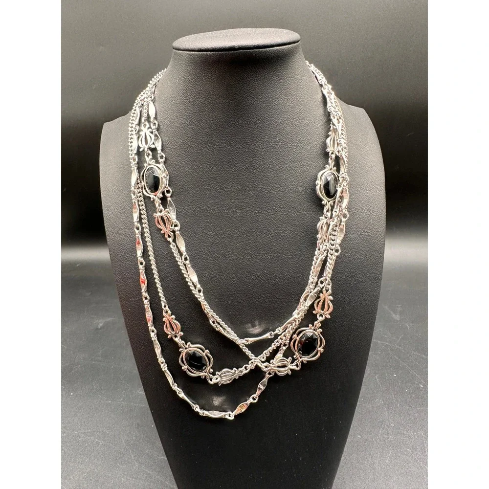 Sarah Coventry‎ Vintage Silver Tone Black Cabochon Extra Long Layer Necklace 74
